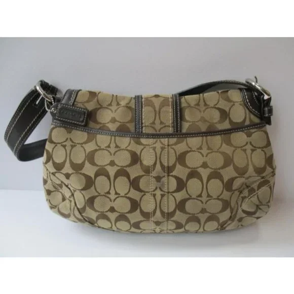 Coach Logo Leather Trim Flap Shoulder Tan Canvas Hobo Bag - Picture 3 of 9